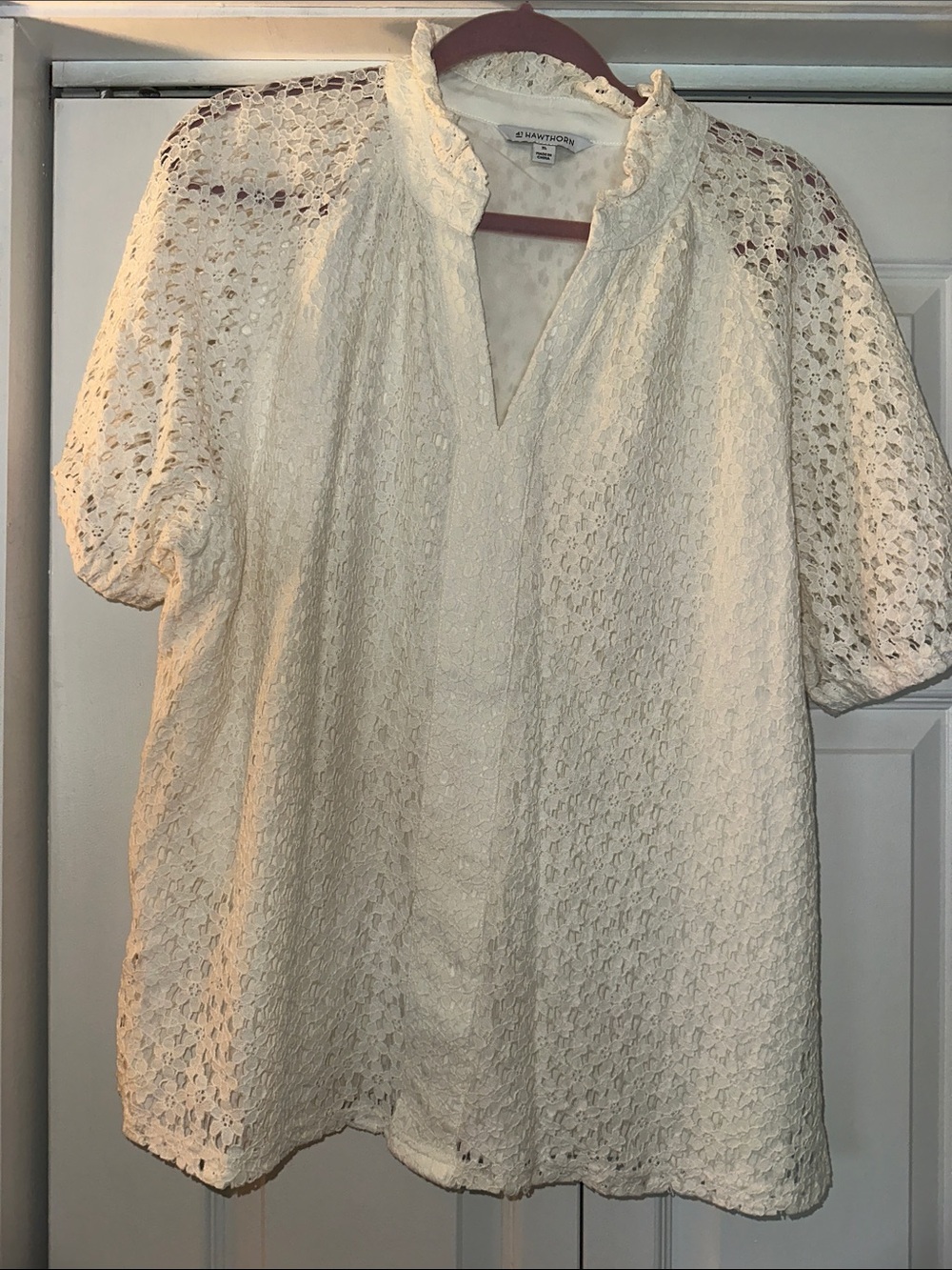 Hawthorn Cream Lace Puff-Sleeve Top with Ruffled Collar